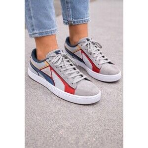 Puma Suede Classic Sneakers Gray Multi Color Stripe Lace Up Casual Shoes Size 5